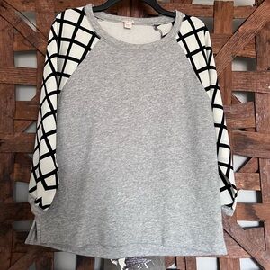 J. Crew Gray Sweatshirt with Black and White Checkered Sleeves